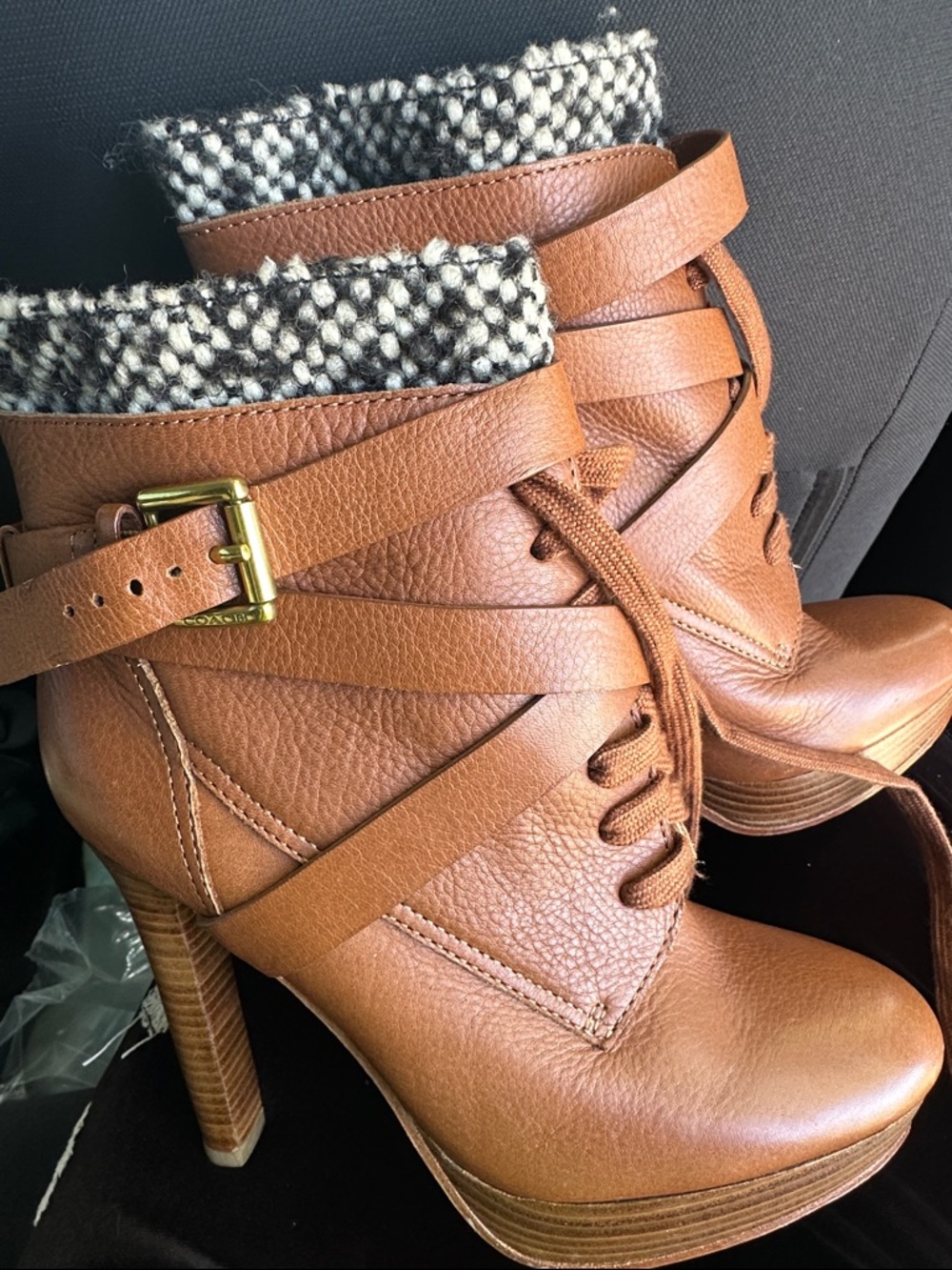 Coach Women’s Tan Leather Lace-Up High-Heel Ankle Boots with Buckle